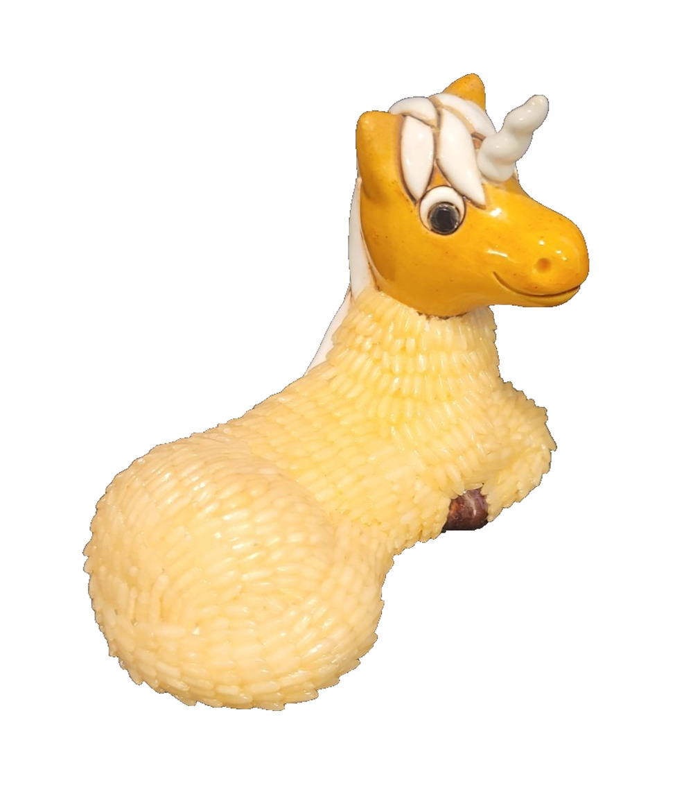 Uruguay Seed Decorated Pottery Unicorn Figurine Signed AK White Tan Yellow 4 x 3
